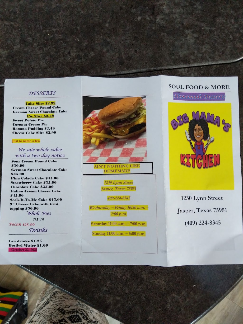 Big Mama’s Kitchen | restaurant | 1230 Lynn, Jasper, TX 75951, USA | 4092248345 OR +1 409-224-8345