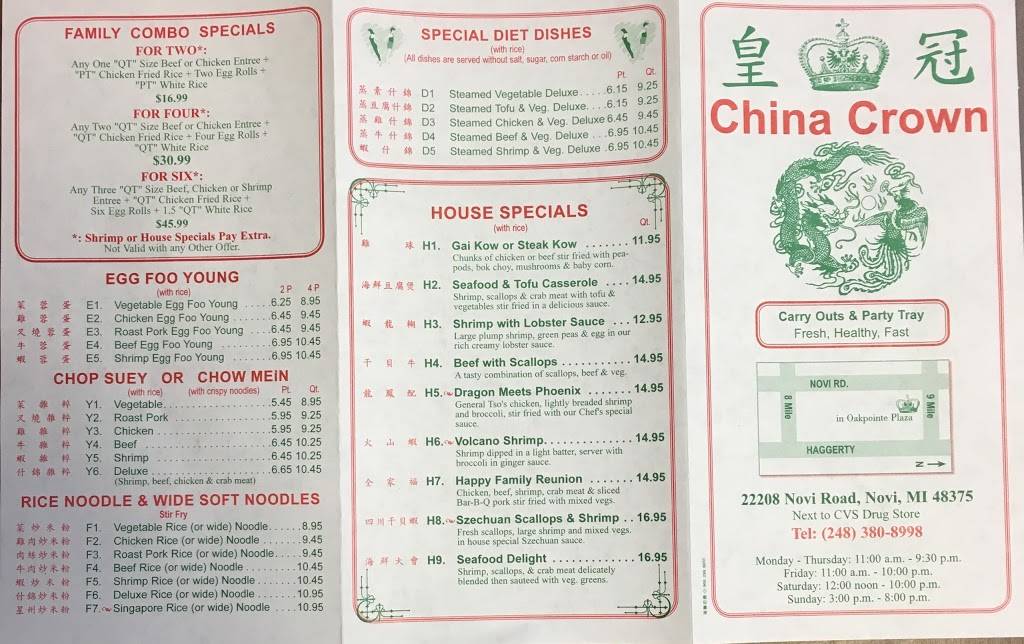 China Crown | restaurant | 22208 Novi Rd, Novi, MI 48375, USA | 2483808998 OR +1 248-380-8998