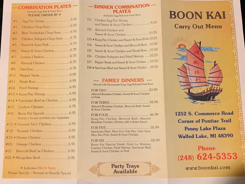 Boon Kai Restaurant | restaurant | 1252 S Commerce Rd, Walled Lake, MI 48390, USA | 2486245353 OR +1 248-624-5353