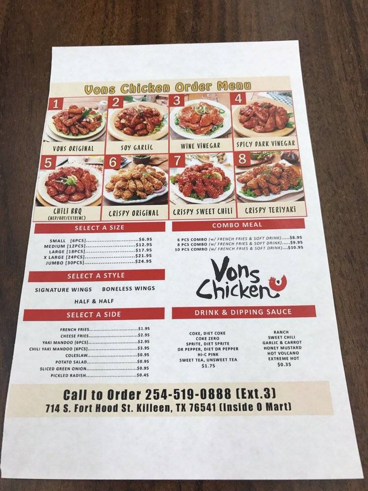 Vons Chicken | restaurant | 7431, 714 S Fort Hood St, Killeen, TX 76541, USA | 25451908883 OR +1 254-519-0888 ext. 3