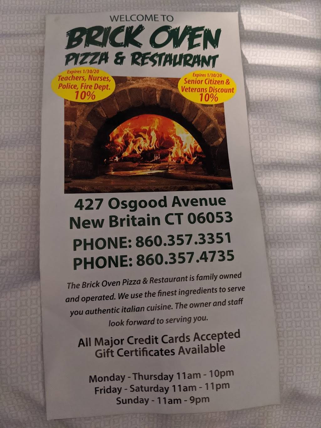 Brick Oven Pizza & Restaurant | restaurant | 427 Osgood Ave, New Britain, CT 06053, USA | 8603573351 OR +1 860-357-3351