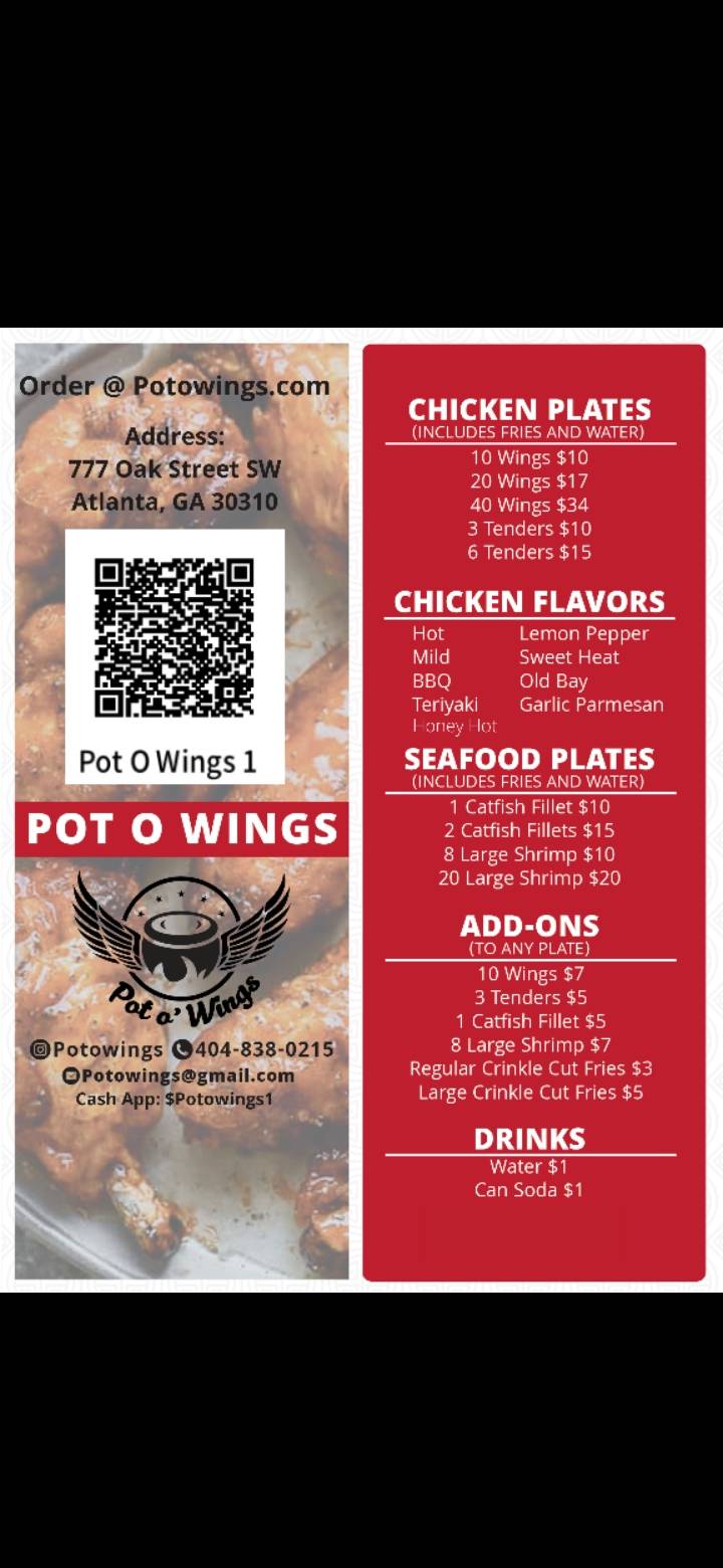 Pot O Wings | restaurant | 777 Oak St SW, Atlanta, GA 30310, USA | 4048380215 OR +1 404-838-0215