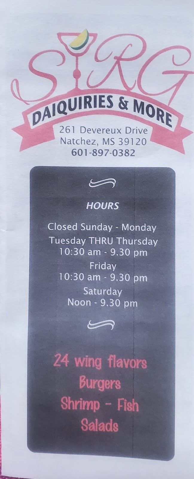 SIRG DAQUIRIES & MORE | restaurant | 261 Devereux Dr, Natchez, MS 39120, USA | 6018970382 OR +1 601-897-0382