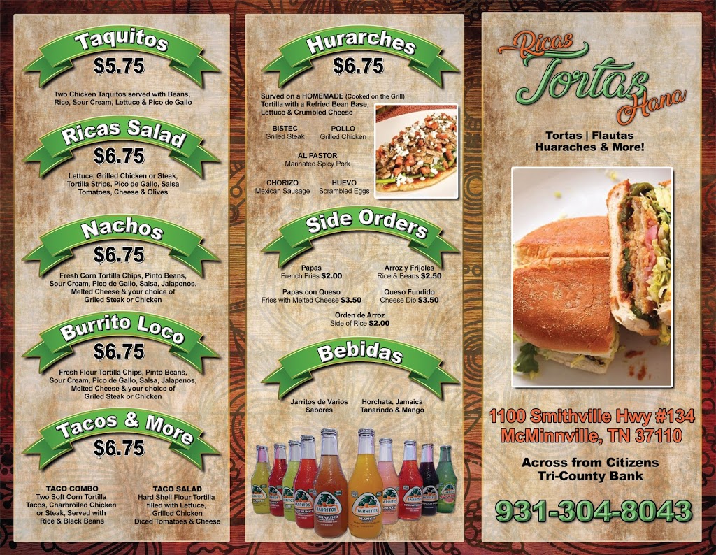 Ricas Tortas Hana | restaurant | 1100 Smithville Hwy #134, McMinnville, TN 37110, USA | 9313048043 OR +1 931-304-8043