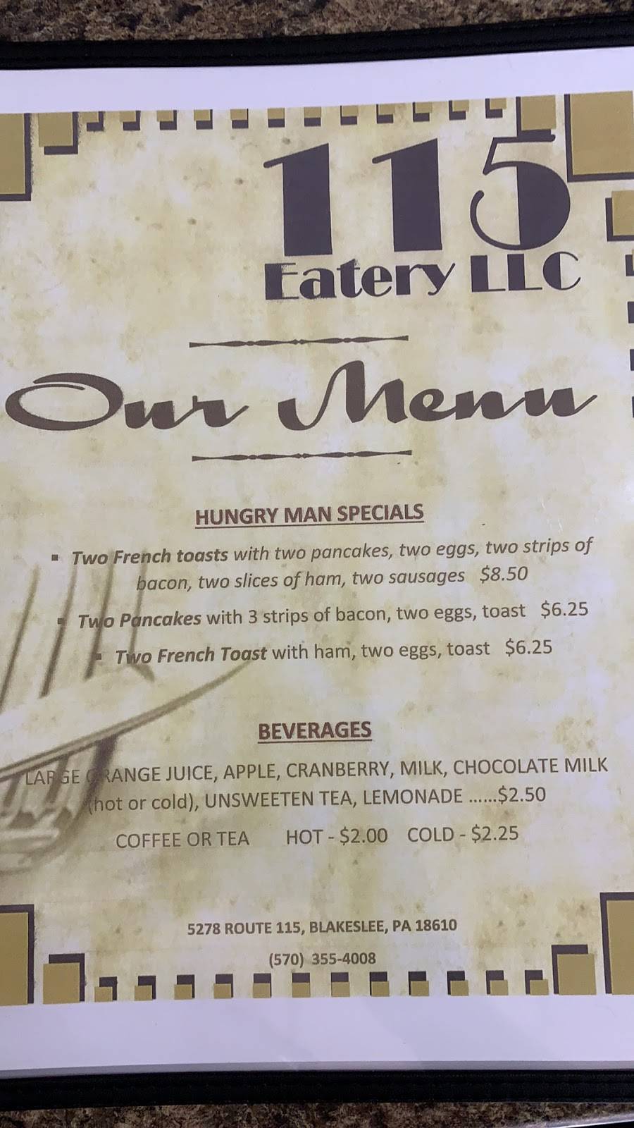 115 Eatery LLC | restaurant | 5278 PA-115, Blakeslee, PA 18610, USA | 5703554008 OR +1 570-355-4008