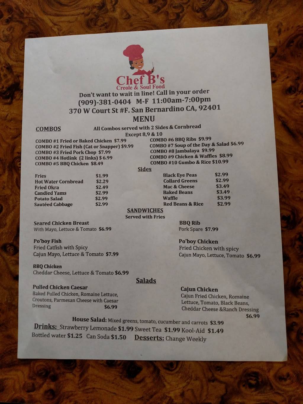 Chef Bs Creole & Soul Food | restaurant | 24655 Alessandro Blvd, Moreno Valley, CA 92553, USA | 9512471128 OR +1 951-247-1128