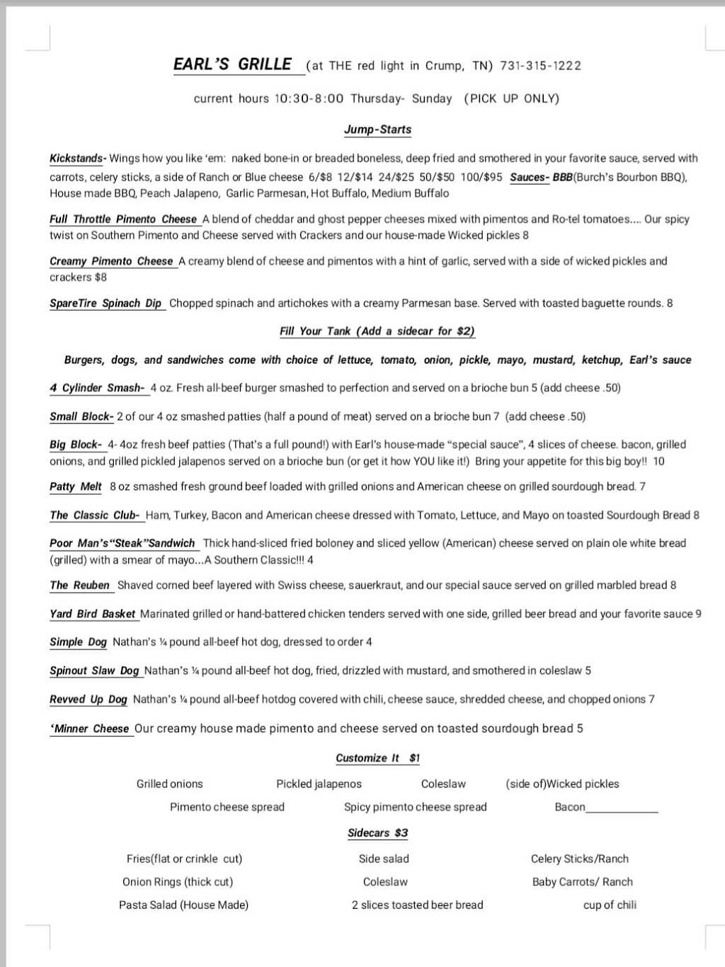 Earls Grille | restaurant | 3425 US-64, Crump, TN 38327, USA | 7313151222 OR +1 731-315-1222