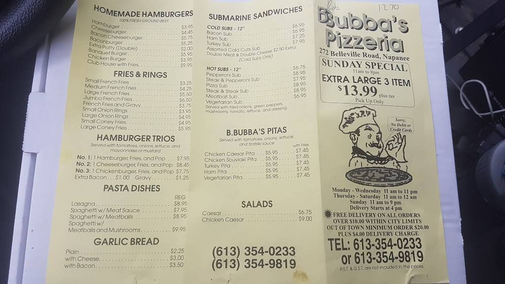 Bubbas Pizzeria & Restaurant | restaurant | 272 Belleville Rd, Napanee, ON K7R 2R5, Canada | 6133540233 OR +1 613-354-0233