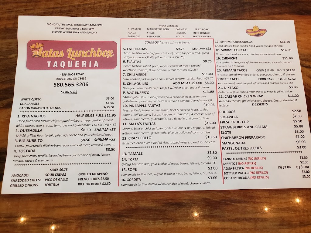 Matas Lunchbox | restaurant | 4356 Enos/Shay Rd, Kingston, OK 73439, USA | 5805653206 OR +1 580-565-3206