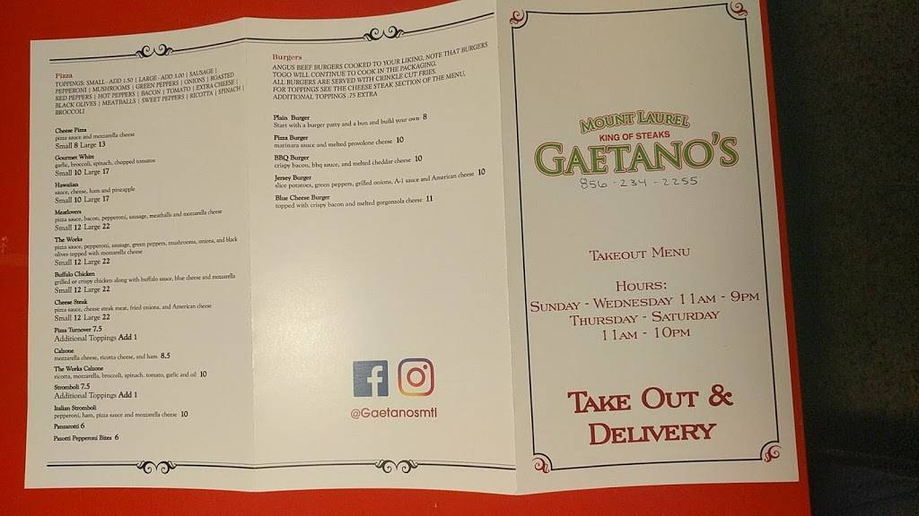 Gaetanos Steaks & Subs | restaurant | 3131 NJ-38, Mt Laurel, NJ 08054, USA | 8562342255 OR +1 856-234-2255
