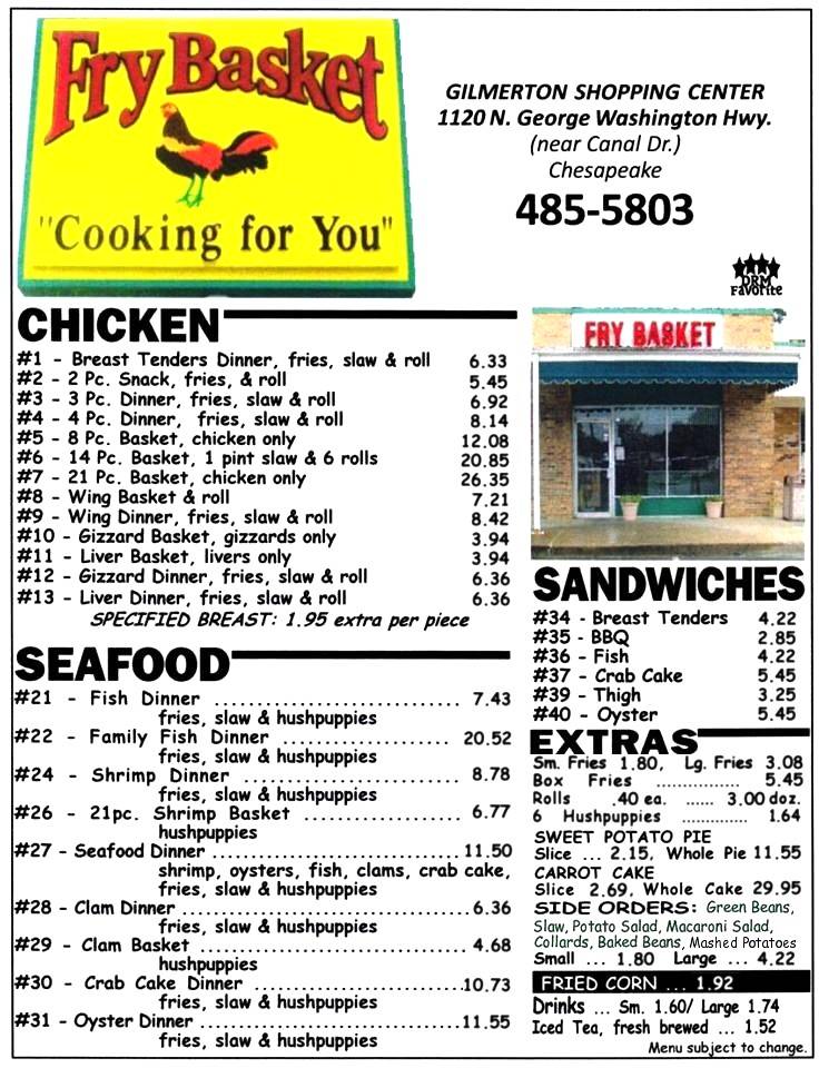 Fry Basket | restaurant | 1120 George Washington Hwy N, Chesapeake, VA 23323, USA | 7574855803 OR +1 757-485-5803