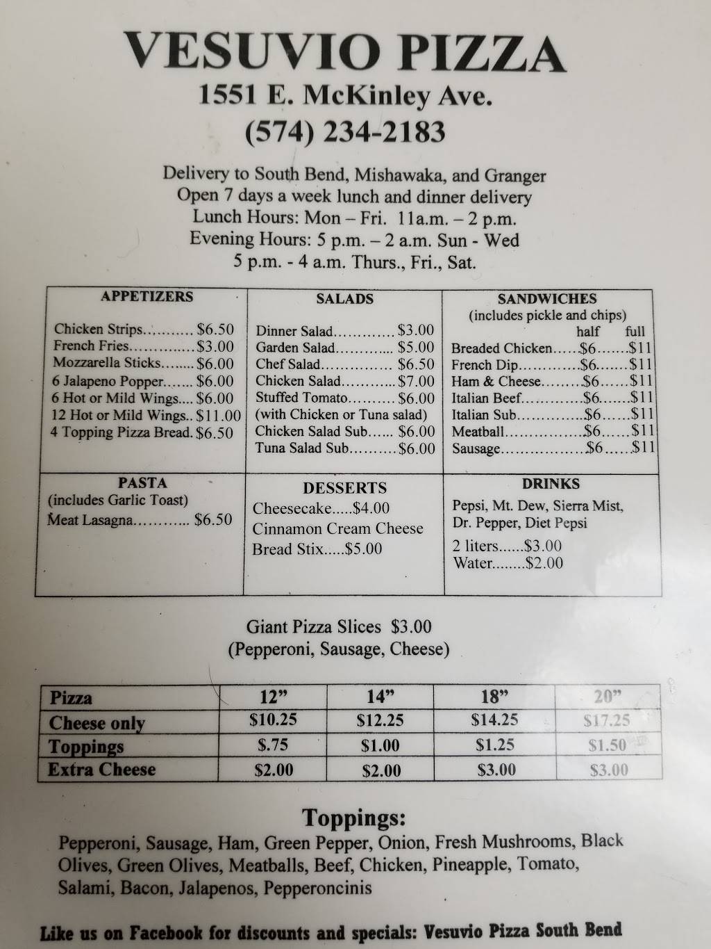 Vesuvio Pizza | restaurant | 1551 E McKinley Ave, Mishawaka, IN 46545, USA | 5743558043 OR +1 574-355-8043