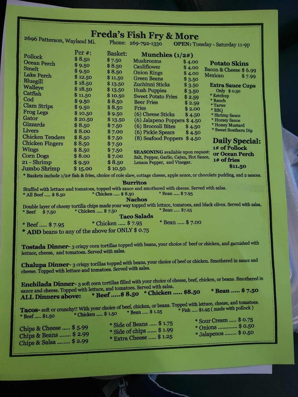 Freda’s Fish Fry | restaurant | 2696 Patterson Rd, Wayland, MI 49348, USA | 2697921330 OR +1 269-792-1330