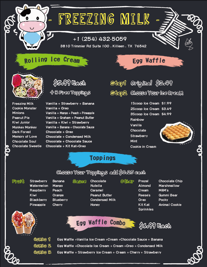 Freezing Milk rolling ice cream boba Tea Waffle | restaurant | 3810 Trimmier Rd suite100, Killeen, TX 76542, USA | 2544325059 OR +1 254-432-5059