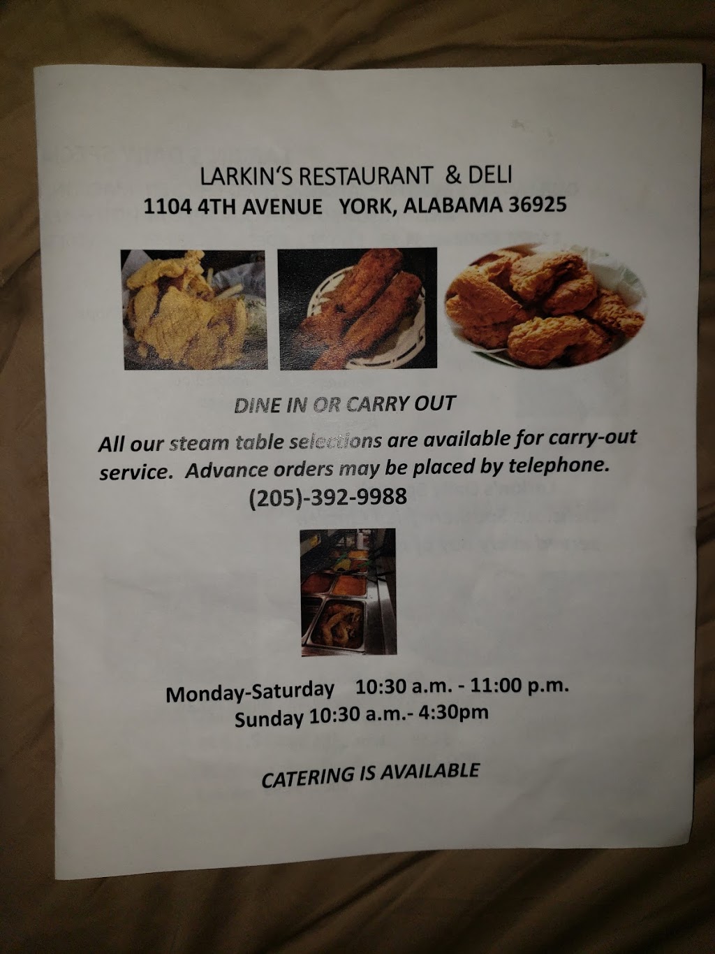 Larkins Restaurant & Deli | restaurant | 1104 4th Ave, York, AL 36925, USA | 2053929988 OR +1 205-392-9988