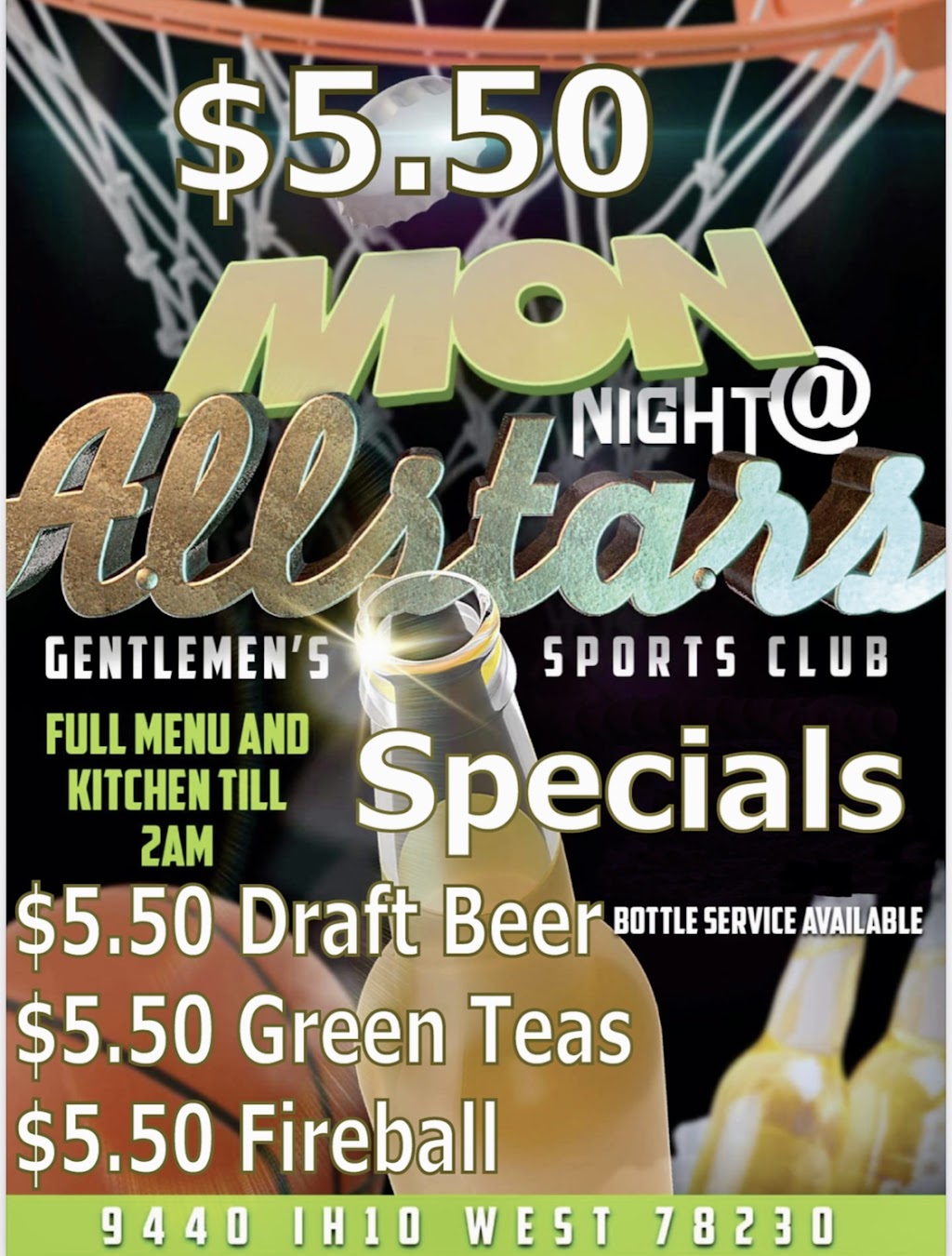 AllStars Gentlemans Sports Club | restaurant | 9440 I-10, San Antonio, TX 78229, USA | 2105930576 OR +1 210-593-0576