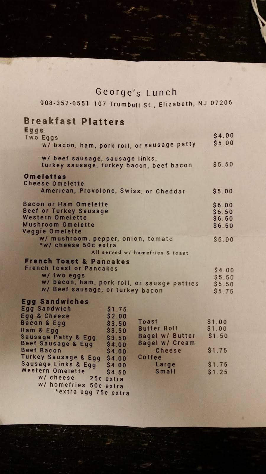 Georges Lunch | restaurant | 107 Trumbull St # 110, Elizabeth, NJ 07206, USA | 9083520551 OR +1 908-352-0551