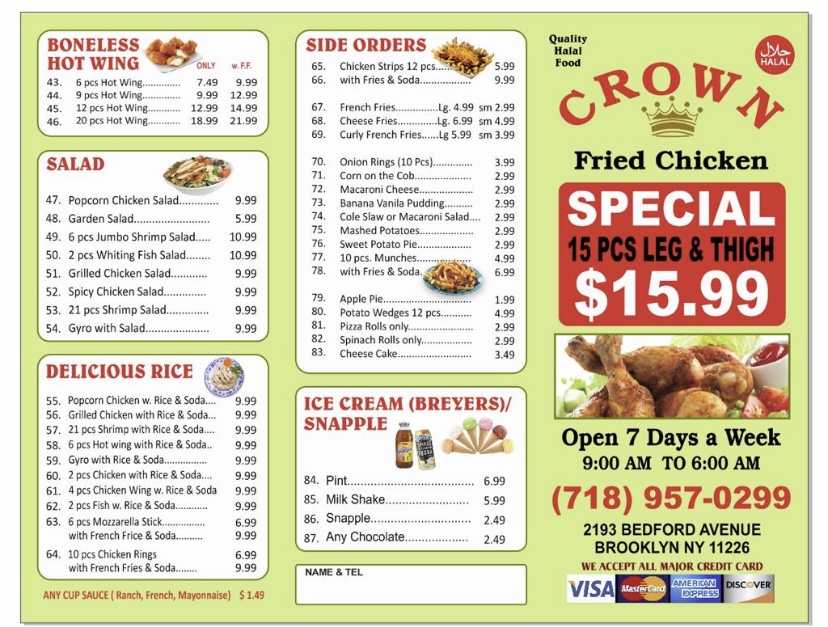 Crown Fried Chicken | restaurant | 2193 Bedford Ave, Brooklyn, NY 11226, USA | 7189750299 OR +1 718-975-0299