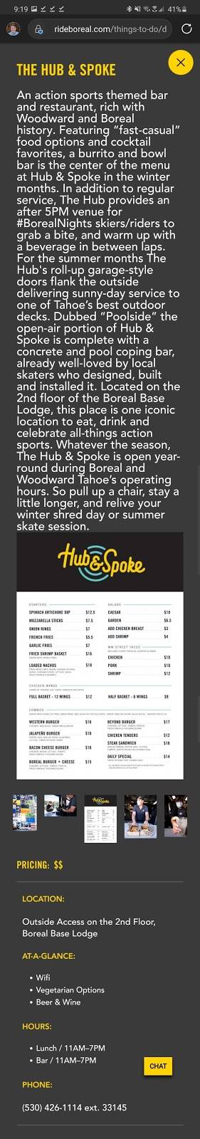 THE HUB & SPOKE | restaurant | 19455 Boreal Ridge Rd, Soda Springs, CA 95728, USA | 530426111433145 OR +1 530-426-1114 ext. 33145