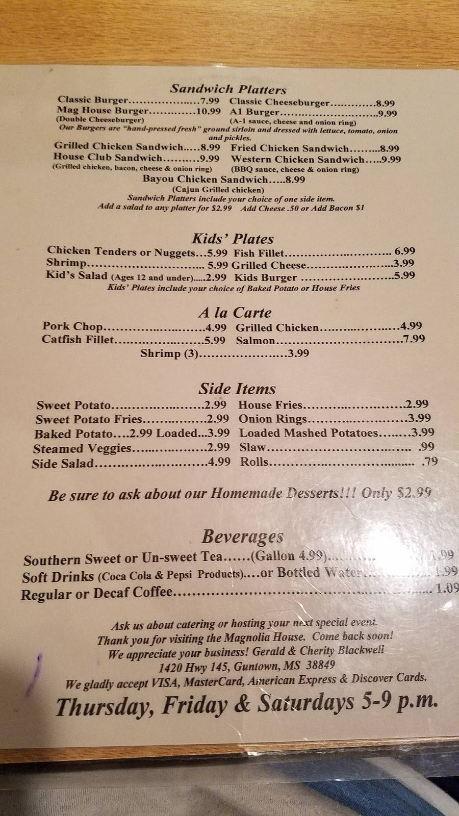 Magnolia House Restaurant | restaurant | 1420 MS-145, Guntown, MS 38849, USA | 6623485855 OR +1 662-348-5855