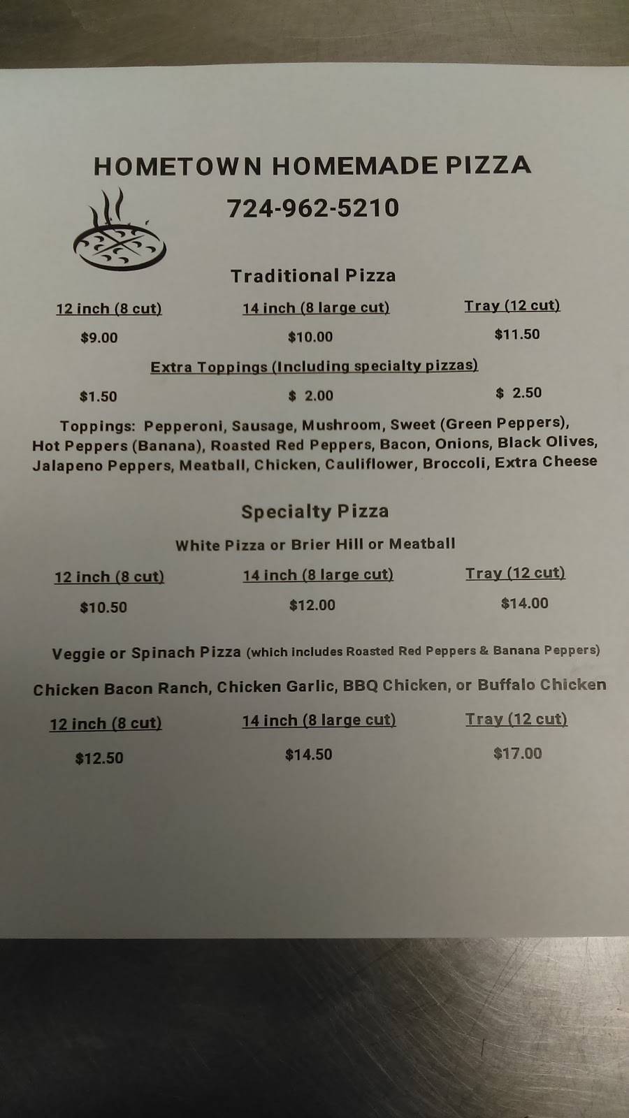 Hometown Homemade Pizza | restaurant | 965 W Ridge Ave, Sharpsville, PA 16150, USA | 7249625210 OR +1 724-962-5210