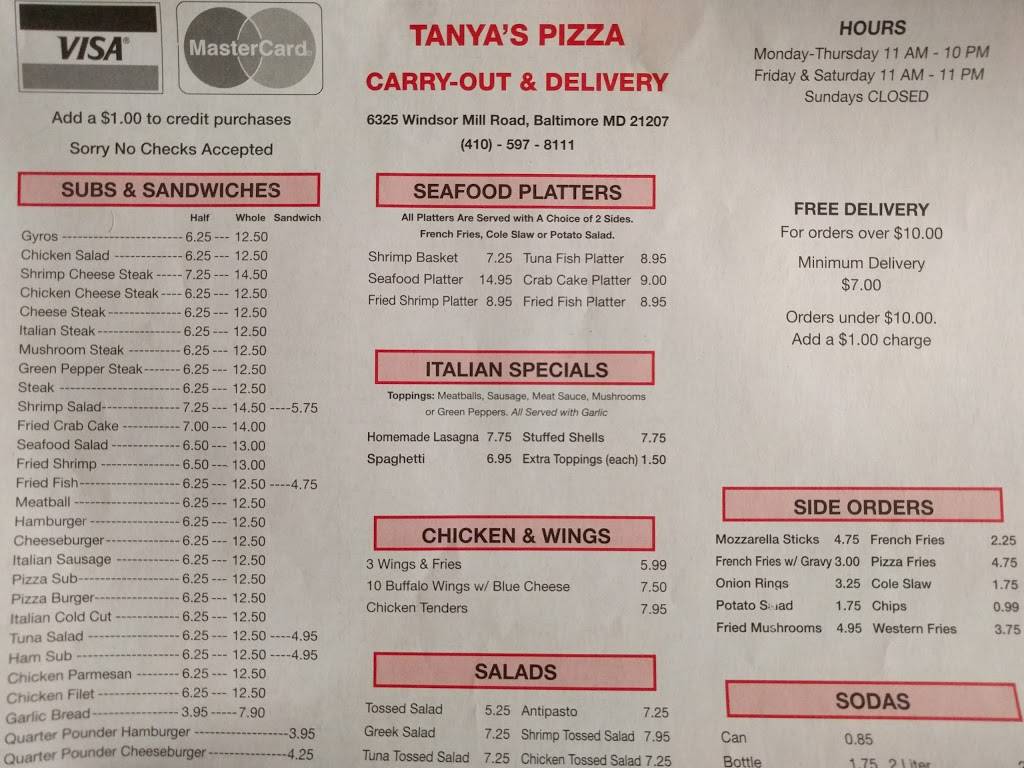 Tanyas Pizzeria | restaurant | 6325 Windsor Mill Rd # 1, Baltimore, MD 21207, USA | 4105978111 OR +1 410-597-8111