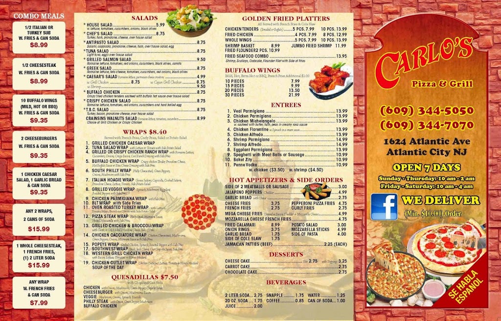 Carlos Pizza & Grill | restaurant | 1624 Atlantic Ave, Atlantic City, NJ 08401, USA | 6093445050 OR +1 609-344-5050