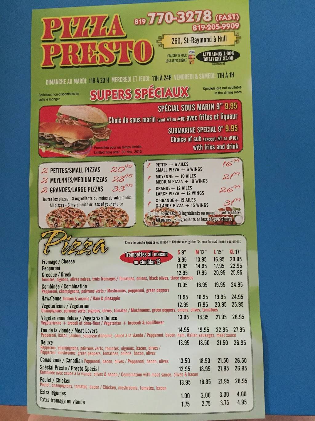 Presto Pizza | meal delivery | 260 Boulevard Saint-Raymond, Gatineau, QC J9A 3G7, Canada | 8197703278 OR +1 819-770-3278
