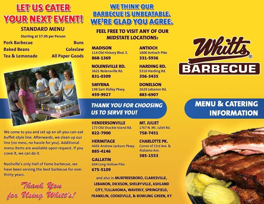 Whitts Barbecue | meal takeaway | 1800 Antioch Pike, Antioch, TN 37013, USA | 6153315936 OR +1 615-331-5936