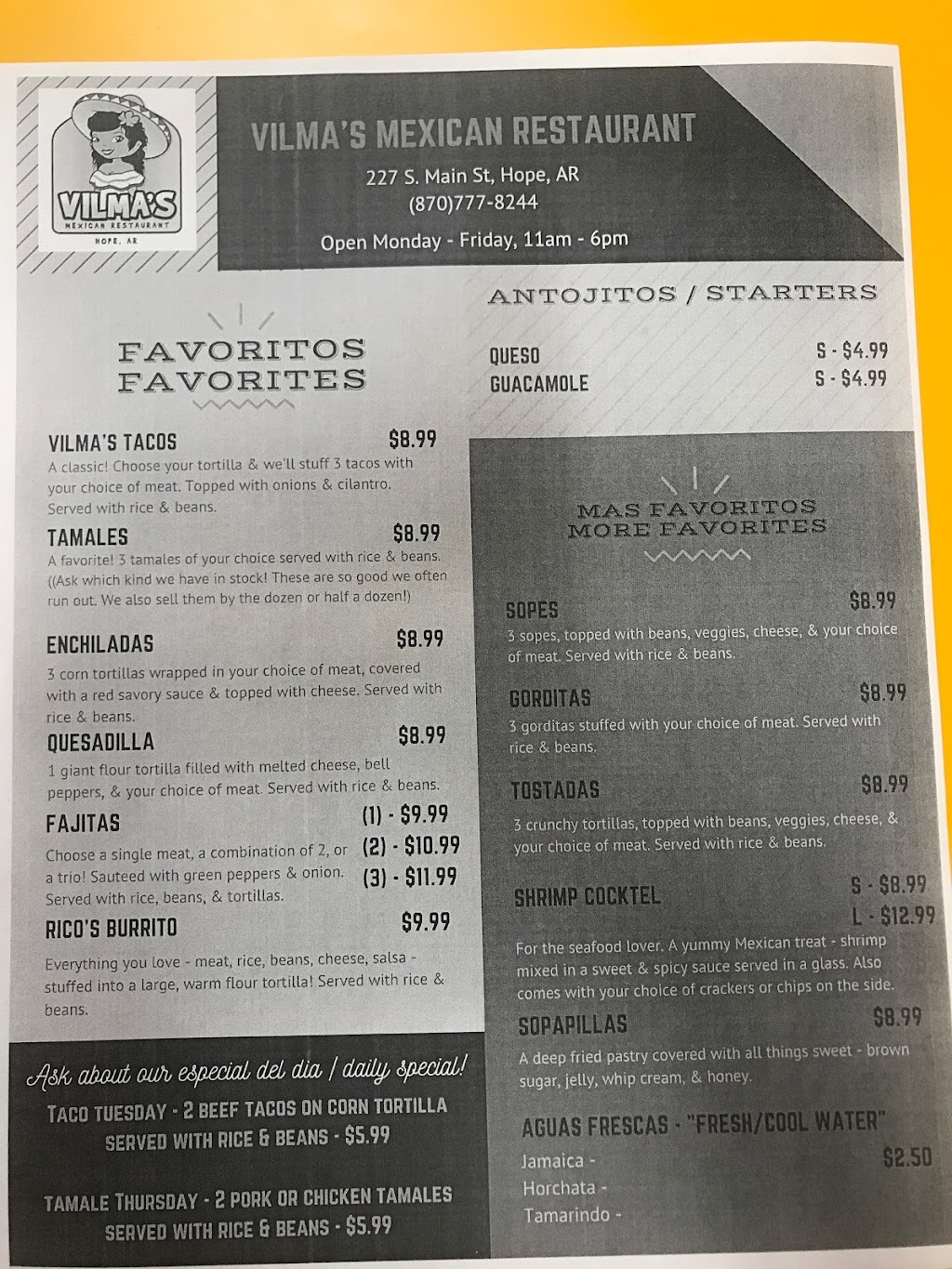 Vilmas Mexican Restaurant | restaurant | 227 S Main St, Hope, AR 71801, USA | 8707778244 OR +1 870-777-8244