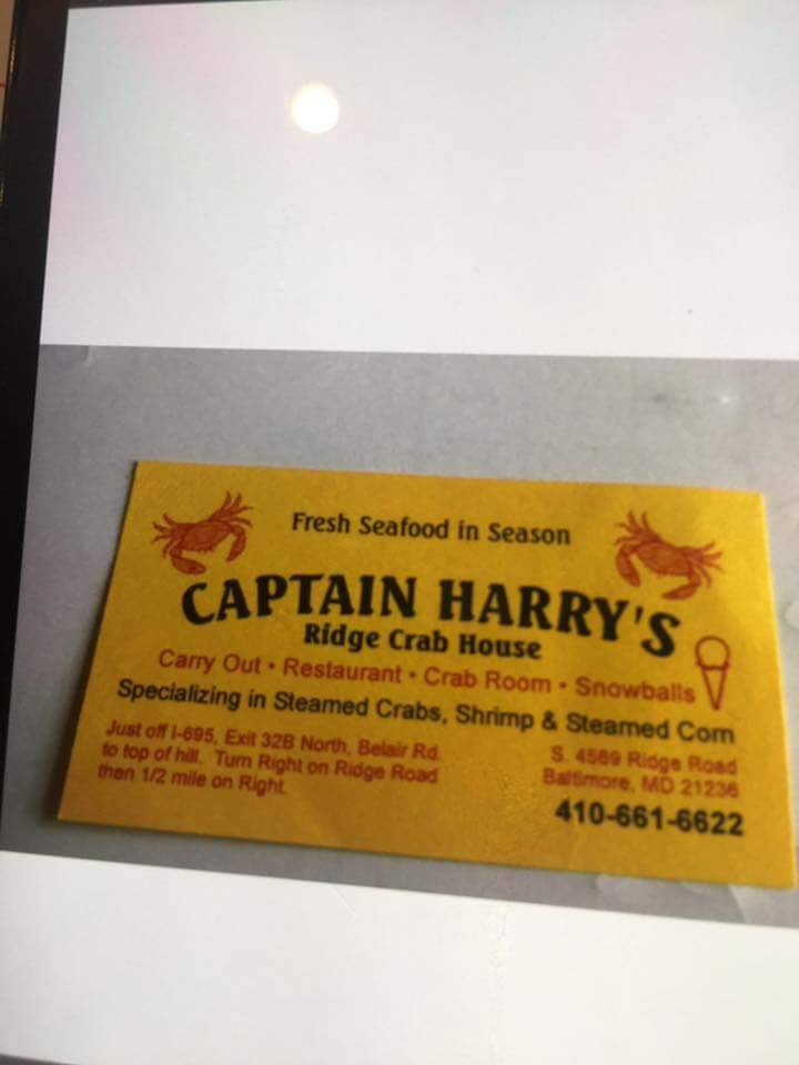 Captain Harrys Ridge Crab House | meal takeaway | 4569 Ridge Rd, Nottingham, MD 21236, USA | 4106616622 OR +1 410-661-6622
