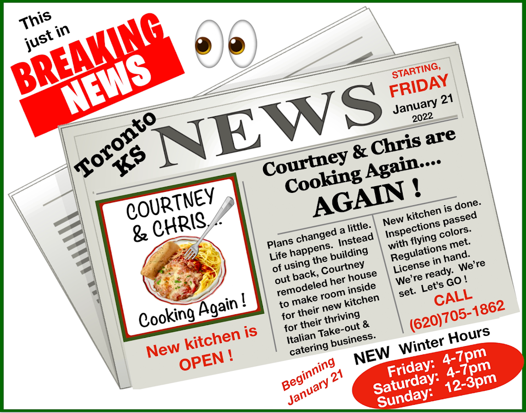 Courtney and Chris.... Cooking Again | meal takeaway | 410 N Broad St, Toronto, KS 66777, USA | 6207051862 OR +1 620-705-1862