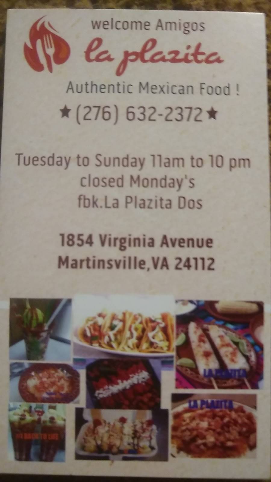 La Plazita #2 | restaurant | 1854 Virginia Ave, Martinsville, VA 24112, USA | 2766322372 OR +1 276-632-2372