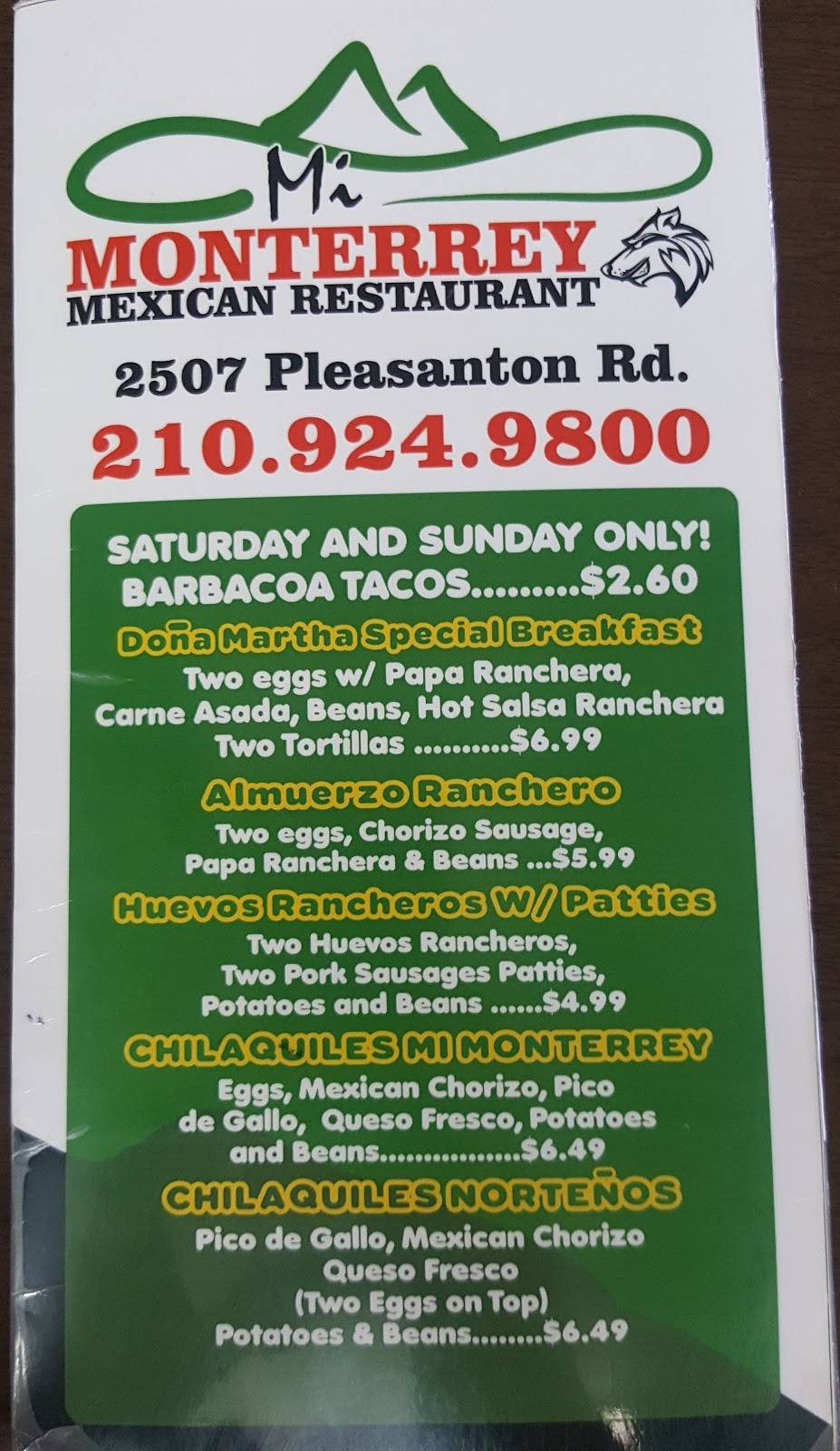 Mi Monterrey Mexican Restaurant | restaurant | 2507 Pleasanton Rd, San Antonio, TX 78221, USA | 2109249800 OR +1 210-924-9800