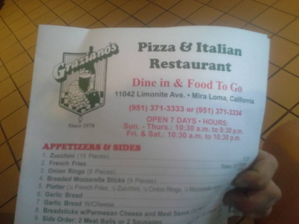 Grazianos Pizza Restaurant | restaurant | 11042 Limonite Ave, Mira Loma, CA 91752, USA | 9513713333 OR +1 951-371-3333