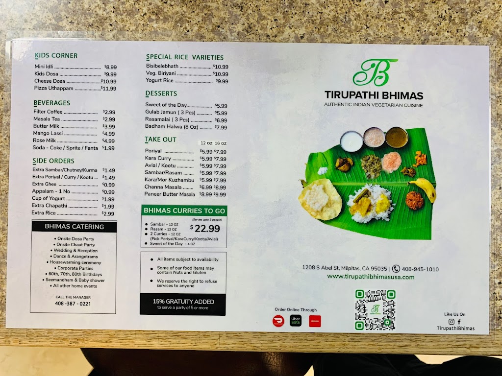 Tirupathi Bhimas | restaurant | 1208 S Abel St, Milpitas, CA 95035, USA | 4089451010 OR +1 408-945-1010