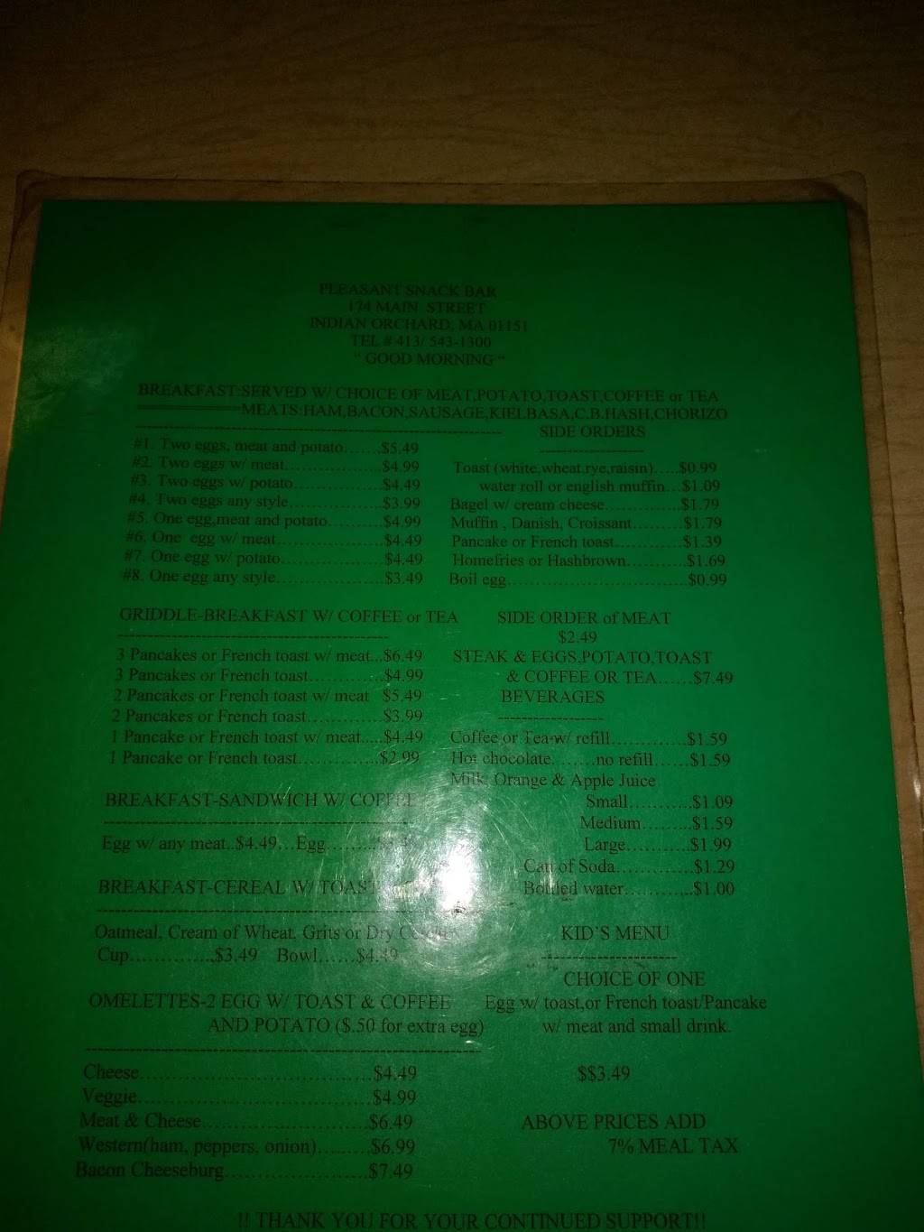 Pleasant Snack Bar | cafe | 174 Main St, Indian Orchard, MA 01151, USA | 4135431300 OR +1 413-543-1300