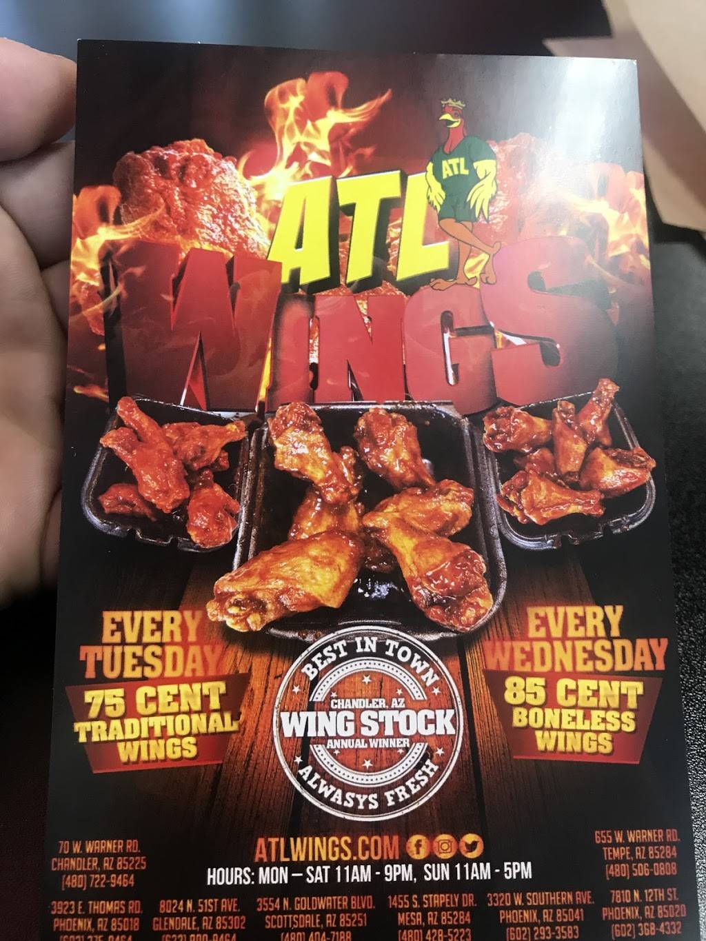 ATL Wings | restaurant | 655 W Warner Rd Suite 110, Tempe, AZ 85284, USA | 4805060808 OR +1 480-506-0808