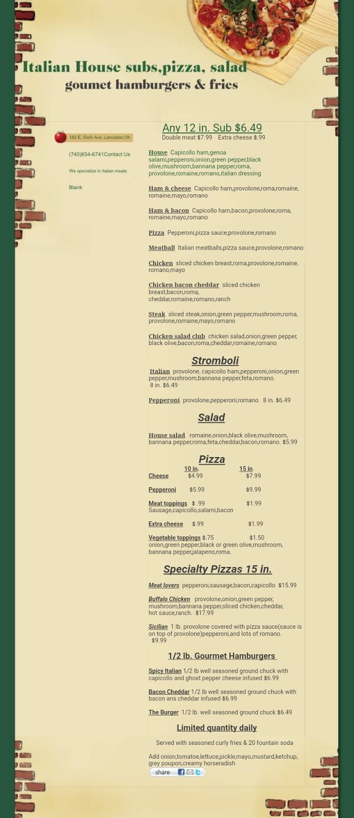 Italian House Pizza Subs | restaurant | 182 E 6th Ave, Lancaster, OH 43130, USA | 7406546741 OR +1 740-654-6741