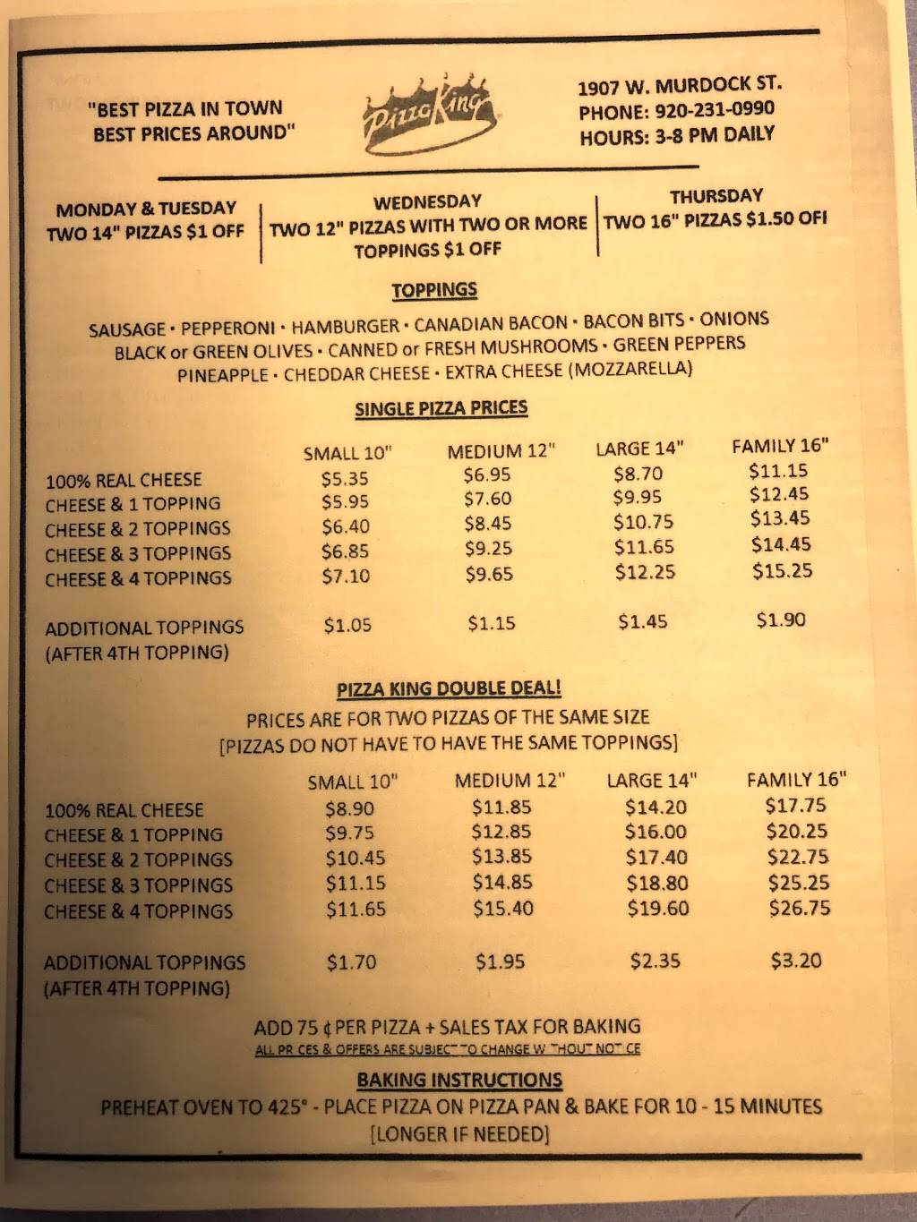 Pizza King Fresh Pizza | restaurant | 1907 W Murdock Ave, Oshkosh, WI 54901, USA | 9202310990 OR +1 920-231-0990