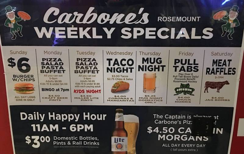 Carbones Pizza & Pub | restaurant | 14550 S Robert Trail, Rosemount, MN 55068, USA | 6513221333 OR +1 651-322-1333