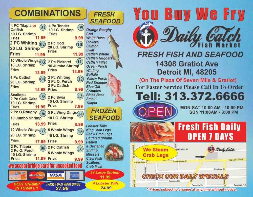 Daily Catch Fish Market | restaurant | 14308 Gratiot Ave, Detroit, MI 48205, USA | 3133726666 OR +1 313-372-6666