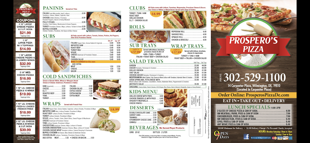Prospero’s pizza | restaurant | 14 Carpenter Station Rd, Wilmington, DE 19810, USA | 3025291100 OR +1 302-529-1100