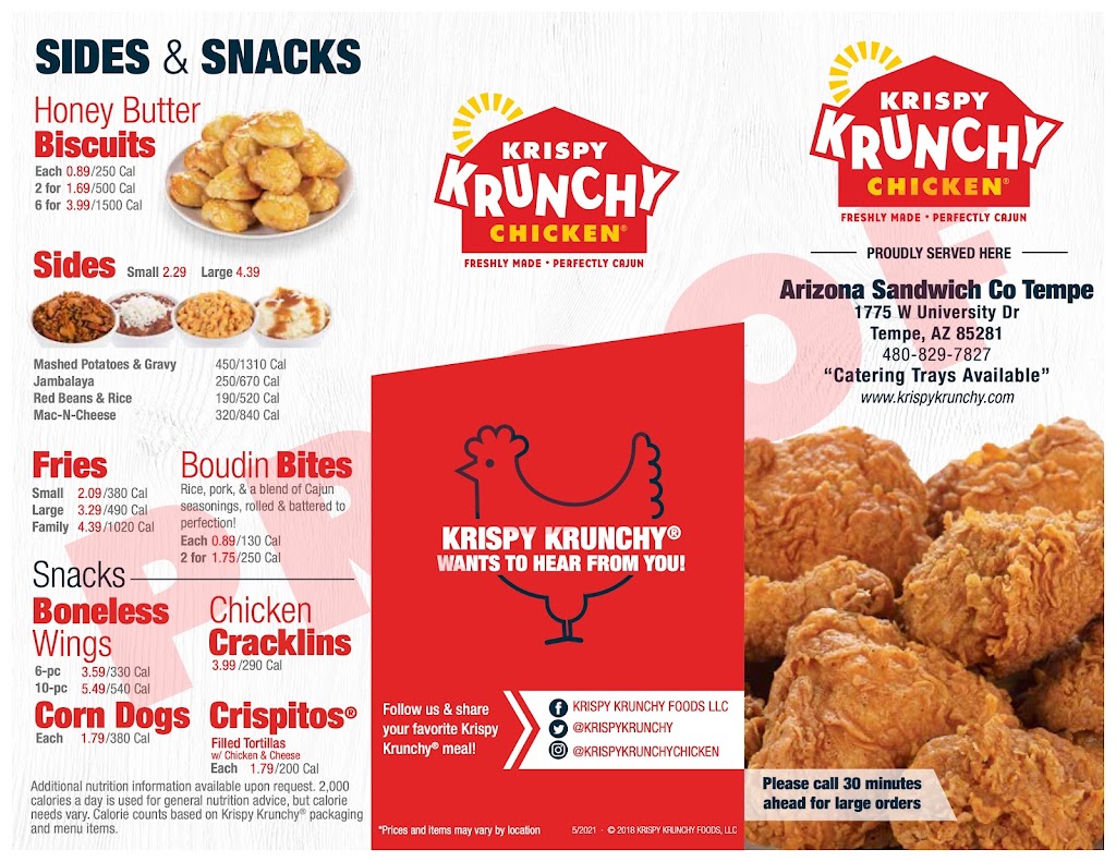 Krispy Krunchy Chicken | restaurant | inside AZ Sandwich Co, 1775 W University Dr Ste. 130, Tempe, AZ 85281, USA | 4808297827 OR +1 480-829-7827