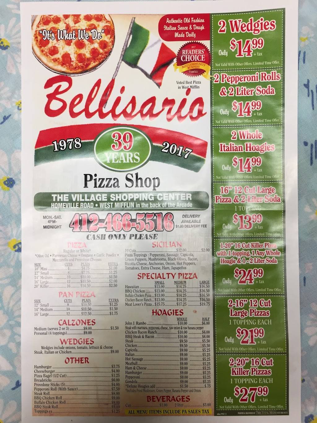 Bellisario Pizza Shop | restaurant | 1842 Homeville Rd, West Mifflin, PA 15122, USA | 4124665516 OR +1 412-466-5516
