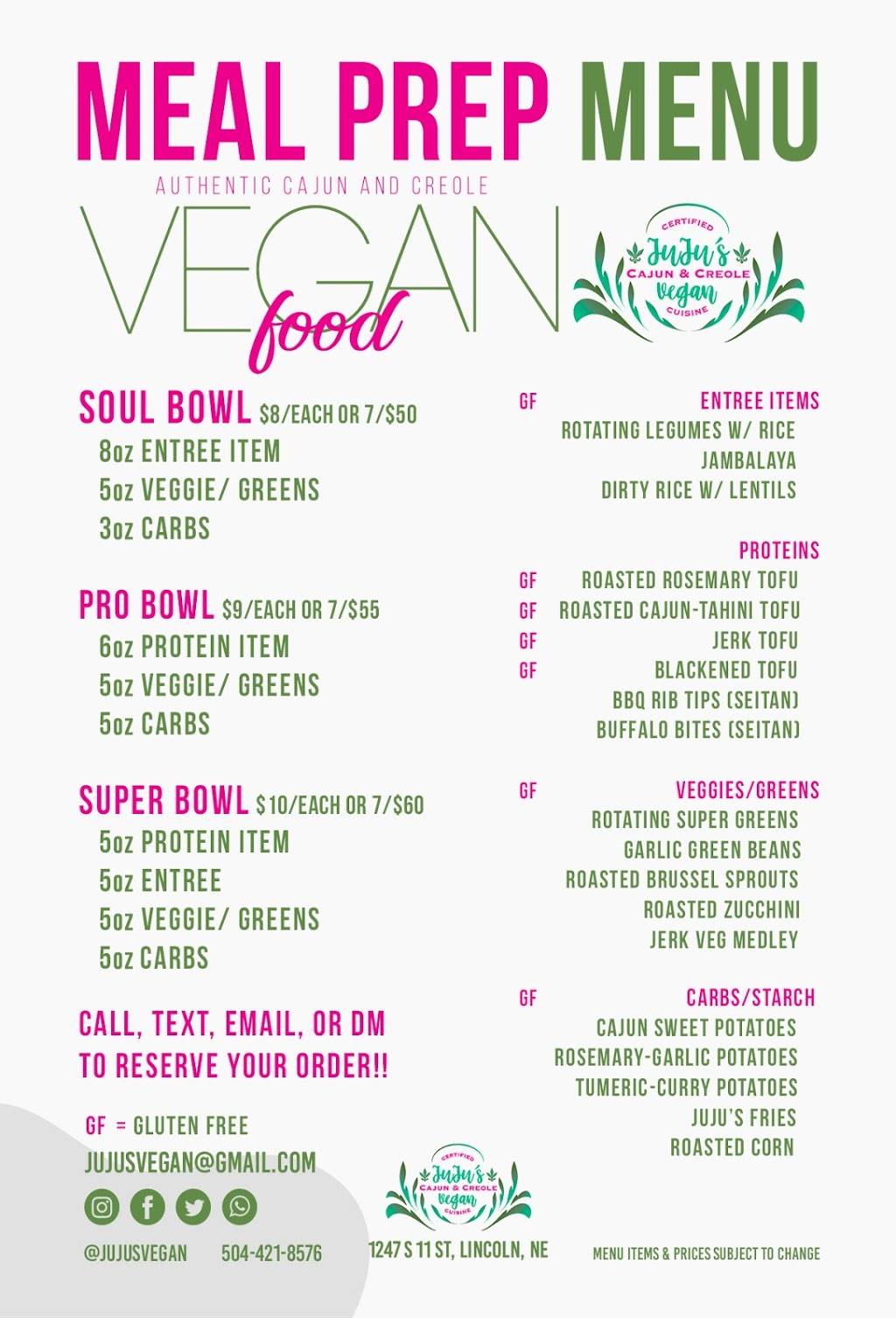 Jujus Vegan Cajun and Creole Cuisine | restaurant | 1247 S 11th St, Lincoln, NE 68502, USA | 5044218576 OR +1 504-421-8576