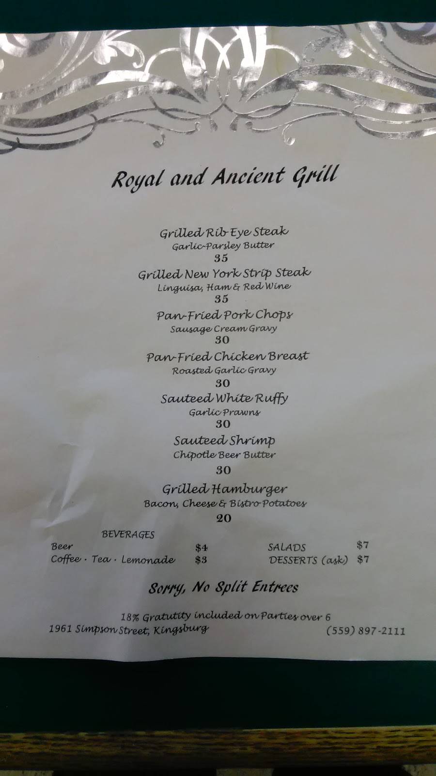 Royal and Ancient Grill | restaurant | 1961 Simpson St, Kingsburg, CA 93631, USA | 5598972111 OR +1 559-897-2111