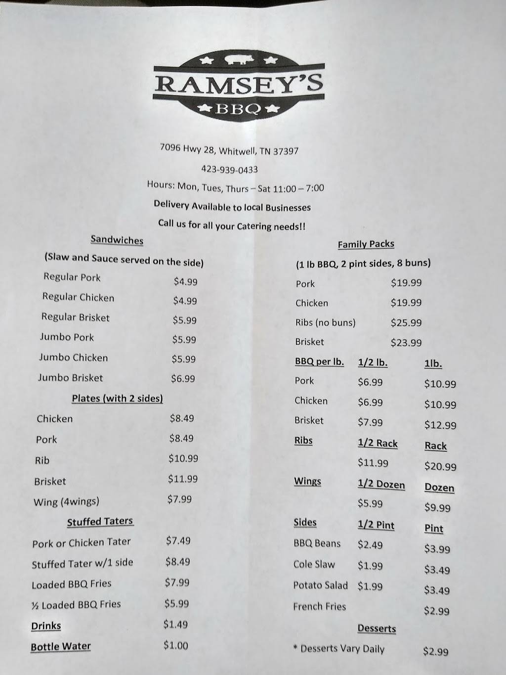 Ramseys BBQ | restaurant | 7096 TN-28, Whitwell, TN 37397, USA | 4239390433 OR +1 423-939-0433