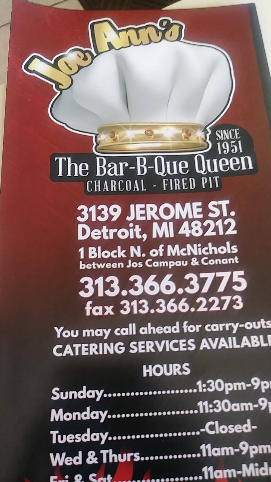 Joe Anns Bar B-Q | restaurant | 3139 Jerome St, Detroit, MI 48212, USA | 3133663775 OR +1 313-366-3775