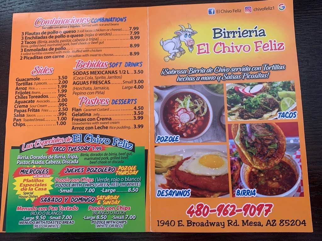 El Chivo Feliz | restaurant | 1940 E Broadway Rd, Mesa, AZ 85204, USA | 4809629097 OR +1 480-962-9097